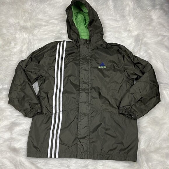 VINTAGE Adidas Jacket Boy's Medium Olive Green 3 Stripe Full Zip 90's Y2K - Picture 1 of 12